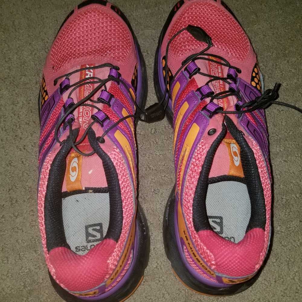 Salomon Coral Pink and Purple Trail Sneakers with Orange Accents